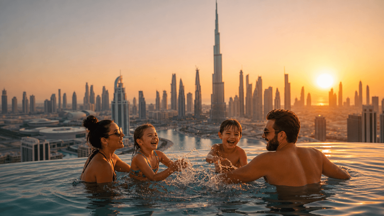 A family laughing in an infinity pool at sunset, the Burj Khalifa rising over Dubai behind them