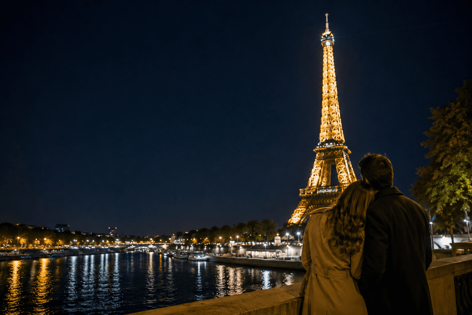 A couple looking out at the Eiffel Tower lit up above the Seine at night