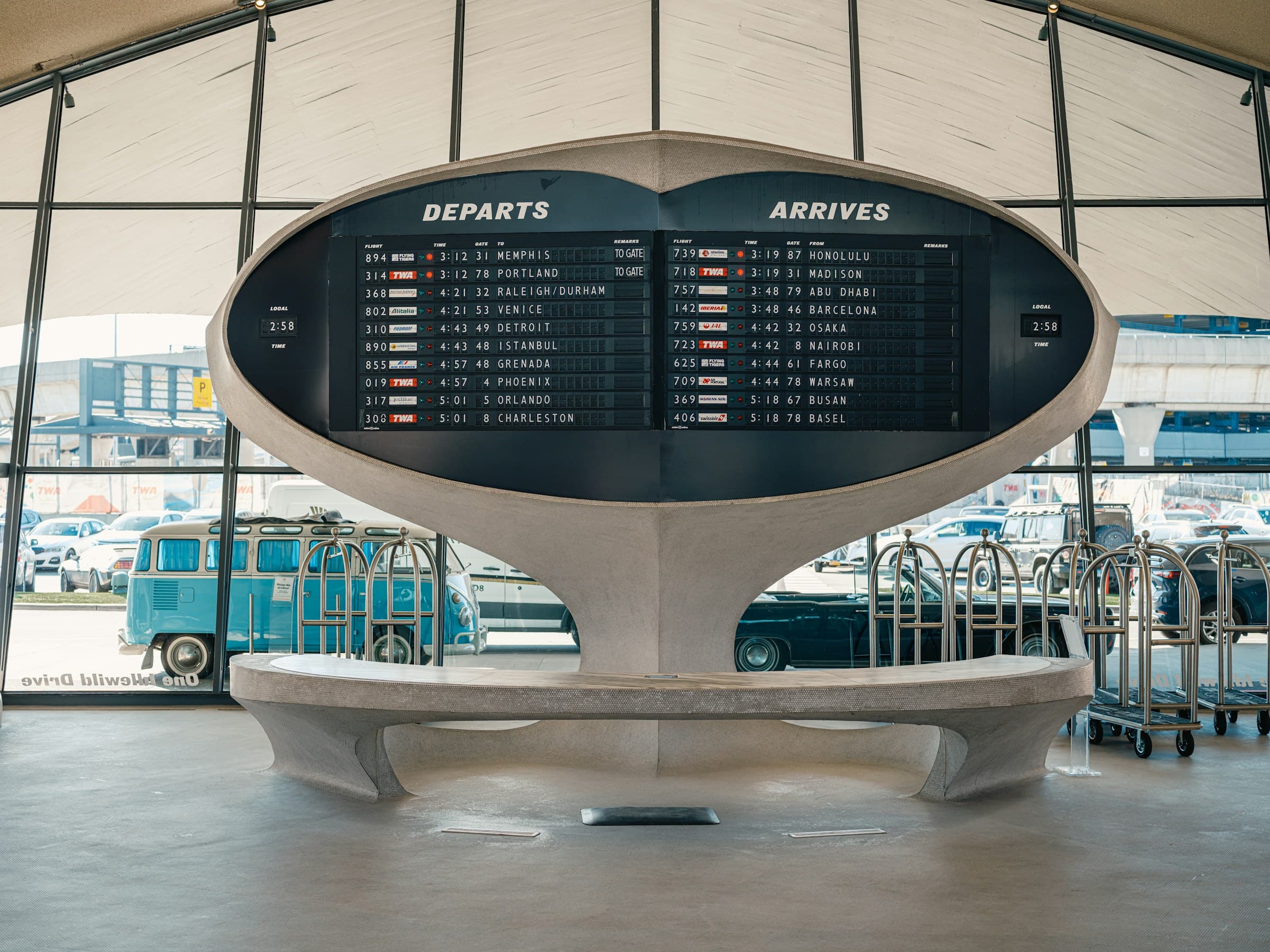 A split-flap departures board