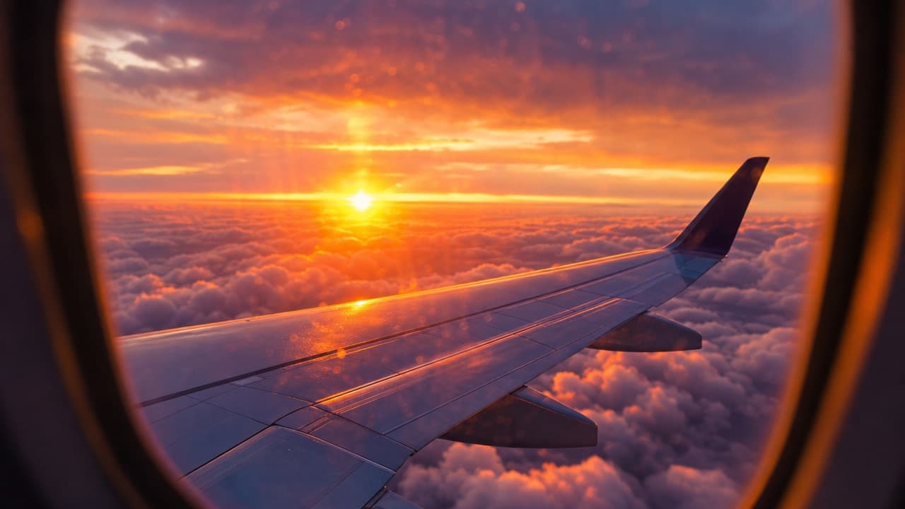 An aircraft wing above the clouds at sunrise